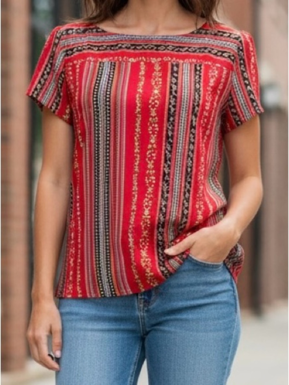 LOFT Red Vertical Stripe & Floral Short Sleeve Blouse Size M